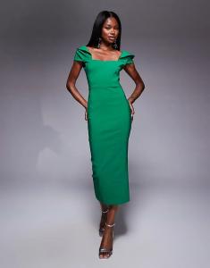 Платье мидакси Vesper bengaline с драпировкой на рукавах в стиле бардо изумрудного цвета