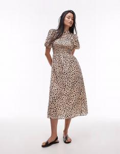 Платье миди «& Other Stories» с рукавами-фонариками, лифом на сборках, с принтом в виде сердец черного и бежевого цветов