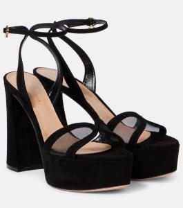 Бархатные сандалии на платформе с сетчатыми вставками Gianvito Rossi, Black+Black