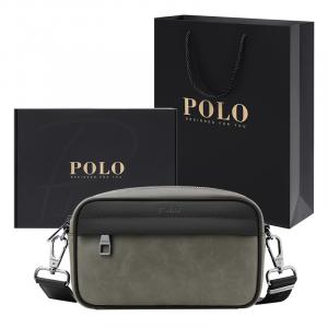 Синтетическая кожаная сумка через плечо среднего размера мужская серо-зеленая и черная POLO