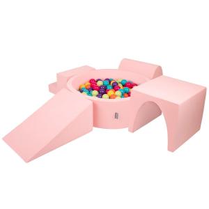 KiddyMoon Игровая площадка пенопластовая ППЗП-ОК30Д-125 с шариками розовый: светло-зеленый-желтый-бирюзовый-оранжево-темно-розовый-фиолетовый бассейн 200/клин Л/горка/тоннель/лестница