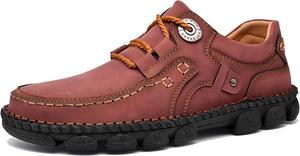 Мужские винтажные кожаные повседневные туристические ботинки с ручной строчкой, шнуровкой, противоскользящие, водонепроницаемые кроссовки, модные и удобные обувь для прогулок и вождения Generic, красный