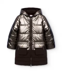 Длинный детский пуховик с капюшоном и внешними карманами Boboli, коричневый