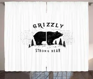 Штора ABAKUHAUS Медведь в деревенском стиле, Сильный лес диких животных, универсальная ленточная штора для гостиной с петлями и крючками, 280 x 225 см, цвет: белый, черный Abakuhaus