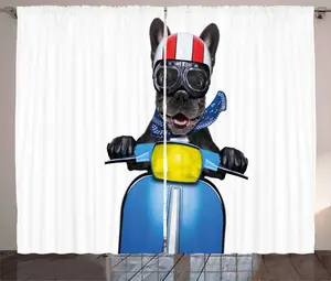 Штора ABAKUHAUS Dog Driver в деревенском стиле, Бульдог на скутере, универсальная тесьма для гостиной с петлями и крючками, 280 x 225 см, цвет: антрацитово-серый, кобальтово-синий Abakuhaus