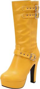 Женские платформенные ботильоны до колена с пряжкой, широкий голенище, высокая толстая подошва, круглый носок, кожаные высокие ботинки Generic, Yellow