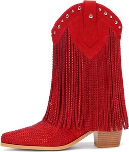 Женские ковбойские ботильоны AIJIVOU с бахромой и стразами, сверкающие западные ковбойские сапоги с заостренным носком, на среднем широком каблуке, с декоративной бахромой, для вечеринок для женщин и девушек, Red