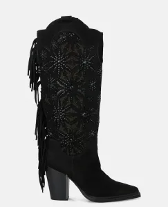 Женские ботильоны на каблуке с декоративными камнями и бахромой Alma en Pena, черный