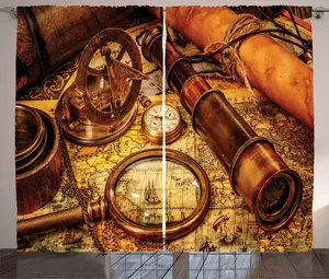 Штора ABAKUHAUS в деревенском стиле, коричневая, с часами на старой морской карте, присборенная, с петлями и крючками, 280 x 245 см, цвет: оранжевый, коричневый, желтый Abakuhaus