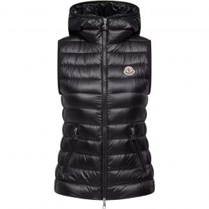Moncler Пуховый жилет женский черный с капюшоном, средней высоты
