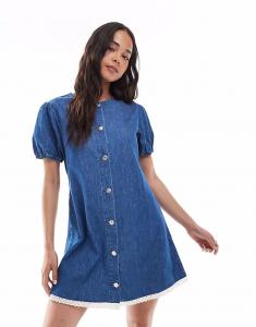 Джинсовое мини-платье ASOS DESIGN с рукавами-фонариками и вышивкой в ​​средне-голубом цвете