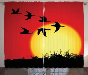 Штора ABAKUHAUS "Гуси в деревенском стиле", "Гуси перелетают на закат", присборенная штора для спальни с петлями и крючками, 280 x 225 см, цвет: алый, горчичный Abakuhaus