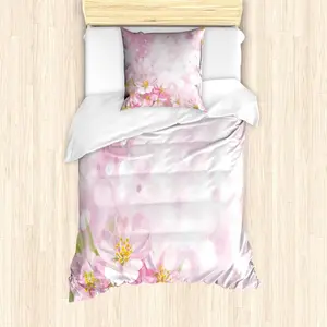Комплект постельного белья ABAKUHAUS Роза, Цветущая весна - Цветущая вишня, Сакура, Апрельское дерево, Свежая нежность, 135 x 200 см + 80 x 80 см, розово-желтый и зеленый Abakuhaus