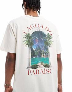 Футболка Jack & Jones oversize с принтом озера на спине кремового цвета