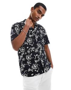 Рубашка с воротником-стойкой из отборного льна Selected с принтом черного цвета