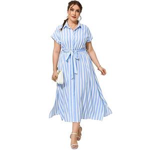 Платье-рубашка с лацканами Plus size с коротким рукавом и боковым разрезом Seoria, Blue White Stripe