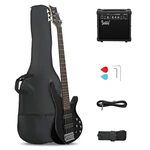 Бас-гитара Glarry GIB с 5 струнами, полноразмерная, с открытой катушкой HH, черная + усилитель 20 Вт