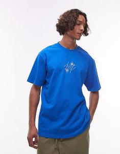 Футболка свободного кроя с вышитыми цветами в стираном синем цвете Topman