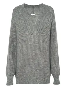 Свитер с V-образным вырезом, украшенный пайетками Malo, серый