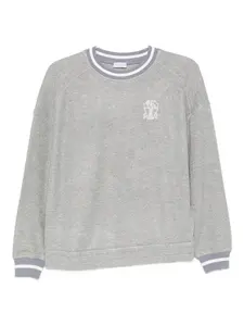 Свитер с вышитыми деталями и ребристыми манжетами Brunello Cucinelli, серебряный