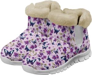 Зимние ботинки Howilath с принтом грибов для женщин, противоскользящие с меховой подкладкой, пушистые снежные сапоги, Purple Flower Butterfly