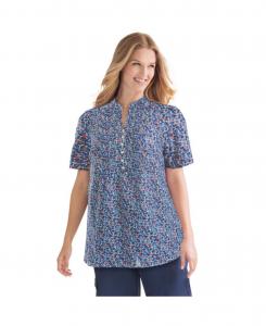 Туника большого размера с присборенной отделкой и полузастежкой на пуговицы Woman Within, Navy blooming ditsy
