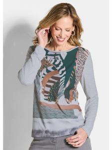 GOLDNER Атласная блузка с длинными рукавами и принтом по всей поверхности в серо-зеленых тонах / с узором