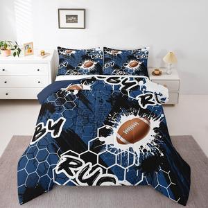 Erosebridal Комплект постельного белья King Size в спортивном стиле с футбольным принтом, сине-черная граненая расцветка, 3 предмета, Brown Blue