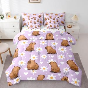 Erosebridal Комплект постельного белья Capybara Lover с изображением грызунов, сердец и цветов в стиле фермерского дома, Brown Purple White