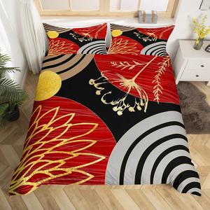 Erosebridal Современный комплект постельного белья в красно-черной гамме с абстрактным бохо-принтом из листьев и геометрических узоров, Red Black