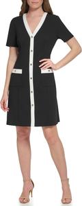 Женское мини-платье Tommy Hilfiger с короткими рукавами, V-образным вырезом, пуговицами спереди и контрастной отделкой, Black/Ivory