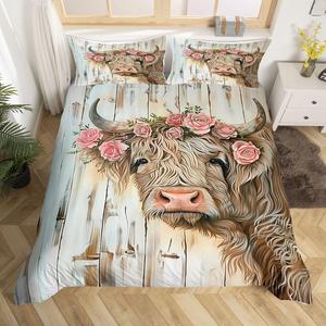 Erosebridal Комплект постельного белья Highland Cow с цветочным принтом в пастельных тонах, Brown Pink