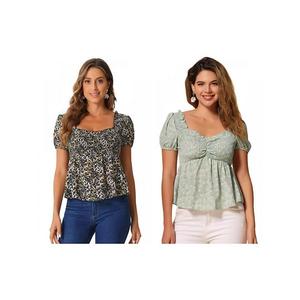 2 упаковки пышной блузки с коротким рукавом и цветочным принтом для женщин, с декольте sweetheart, сборками и рюшами Inspire Chic, Light Green Black