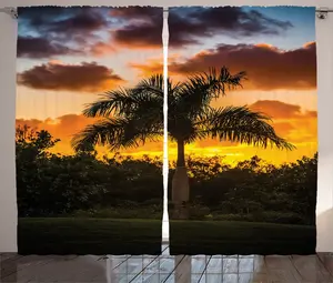 Штора ABAKUHAUS Тропический деревенский, Экзотическое дерево на закате, универсальная ленточная штора для гостиной с петлями и крючками, 280 x 175 см, цвет: оранжево-зеленый