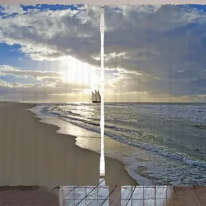 Штора ARANDE с морским принтом, парусник у песчаного пляжа, унылый закат, рай, тропическая тема, 280 x 175 см, цвет: синий, бежевый, белый Abakuhaus