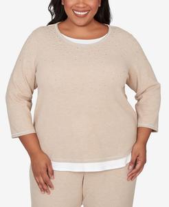 Топ Comfort & Joy больших размеров с декоративным многослойным подолом и круглым вырезом Alfred Dunner, Fawn