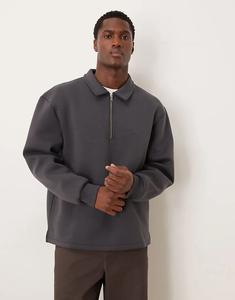 Плотная толстовка ASOS DESIGN с застежкой-молнией на четверть дюйма и воротником из ткани в стиле «скуба» темно-серого цвета