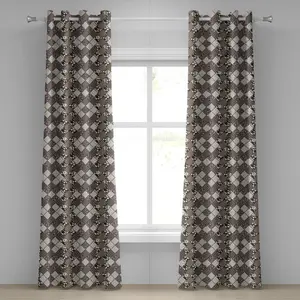 Шторы на люверсах ABAKUHAUS в стиле ретро, пэчворк с горошком, цветами гибискуса и аутентичным круглым старомодным дизайном, декоративные двухпанельные шторы, 280 см x 245 см, бежево-коричневый цвет Abakuhaus