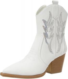 Женские ботильоны на щиколотку, ковбойские сапожки с вышивкой, западные ковбойские с заостренным носком, массивным каблуком, на молнии сбоку, для женщин Generic, White