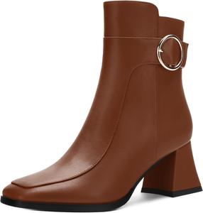 RLYGHWAO Женские черные ботильоны с квадратным носком на среднем каблуке с боковой молнией, модные ботинки с пряжкой для женщин