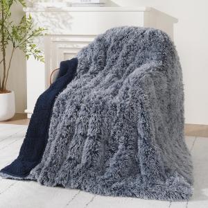 Утяжеленное одеяло 120х180 см, 6,8 кг, Wemore Shaggy Long Fur, искусственный мех, плюшевый Sherpa с длинным ворсом, двустороннее, пушистое, для кровати и дивана, Backprint Navy Blue