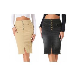 2 упаковки женской повседневной юбки джинсовой с высокой талией, разрезом спереди и эластичной посадкой Allegra K, Black Light Khaki
