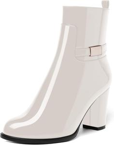 Женские ботинки AMBELIGHT с лакированной застежкой-молнией, повседневные, с круглым носком, на массивном высоком каблуке, ботильоны, 8,4 см, White