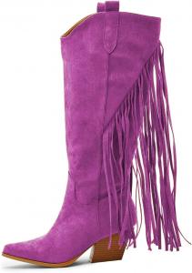 Женские сапоги FSJ до середины голени с бахромой, ковбойский стиль с заостренным носком, кисточками, классические западные высокие сапоги на танкетке с массивным каблуком, без застежки, размеры 4-15 US, Purple