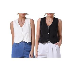 2 упаковки женских джинсовых жилетов без рукавов с v-образным вырезом и застежкой на пуговицы Inspire Chic, White Black
