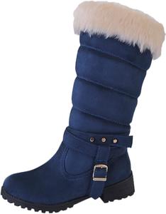 No Brand Женские зимние сапоги из замши с модной пряжкой, водонепроницаемые утепленные сапоги с искусственным мехом, средней длины до икры, противоскользящие, дождевые ботинки (черные, размер 6 UK)