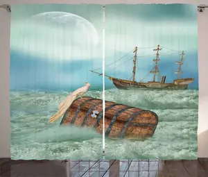 Штора ABAKUHAUS Antique Rustic, Старый сундук с морскими волнами, универсальная, для гостиной, с петлями и крючками, 280 x 175 см, цвет: бледно-карамельный, мятно-зеленый Abakuhaus