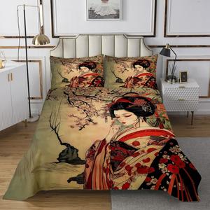 Erosebridal Комплект постельного белья Japanese Geisha Girls с ретро-принтом сакуры и гейш в бежевых тонах, Tan