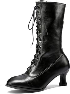 Женские винтажные сапоги Quimeir до середины икры, западные сапоги на средним каблуке для девушек, Black2