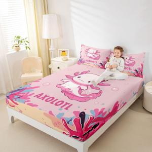 Erosebridal Натяжная простыня с розовым аксолотлем, милый мультяшный дизайн, комплект постельного белья, Pink Purple Blue